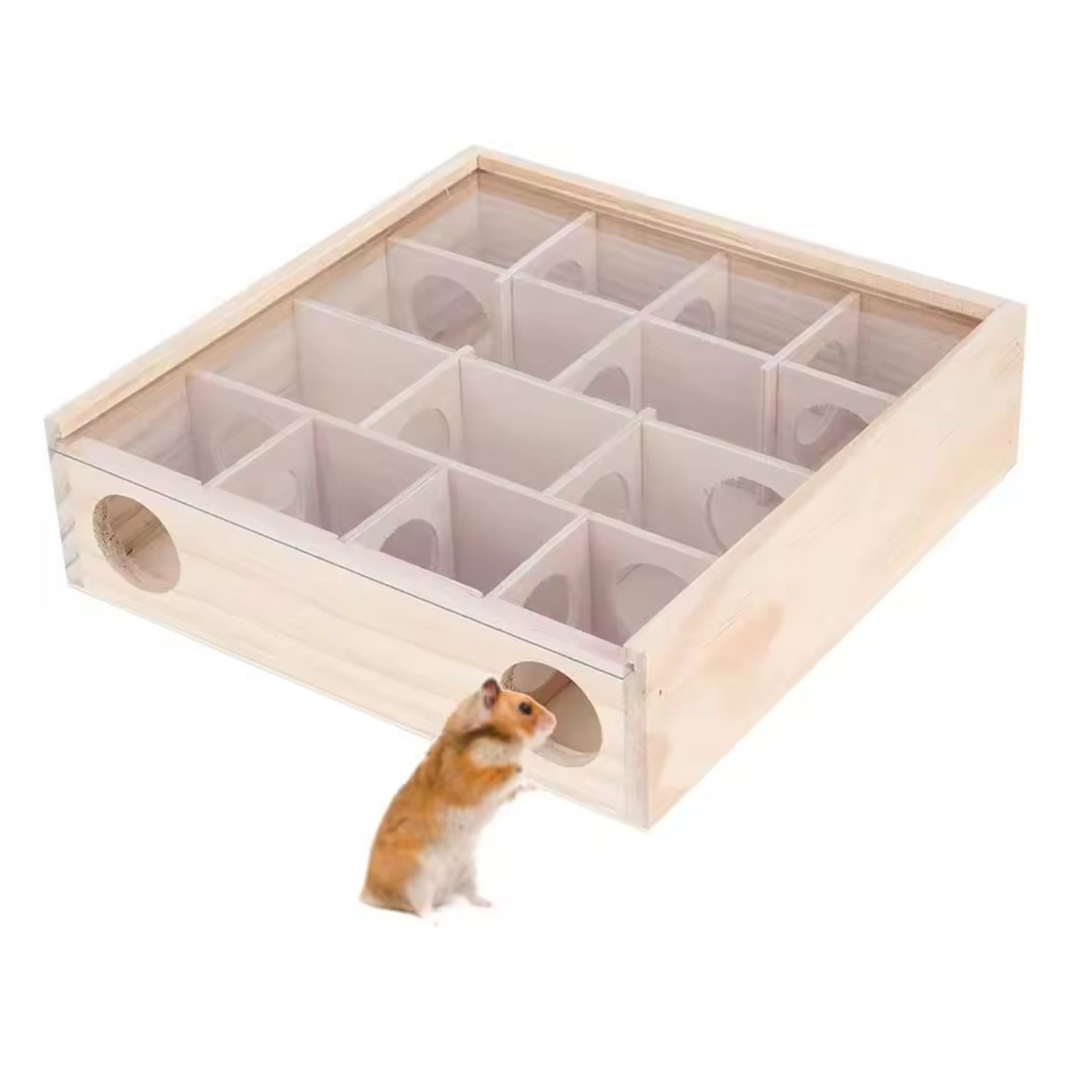 houten hamster doolhof hamster kijkt door ingang van doolhof